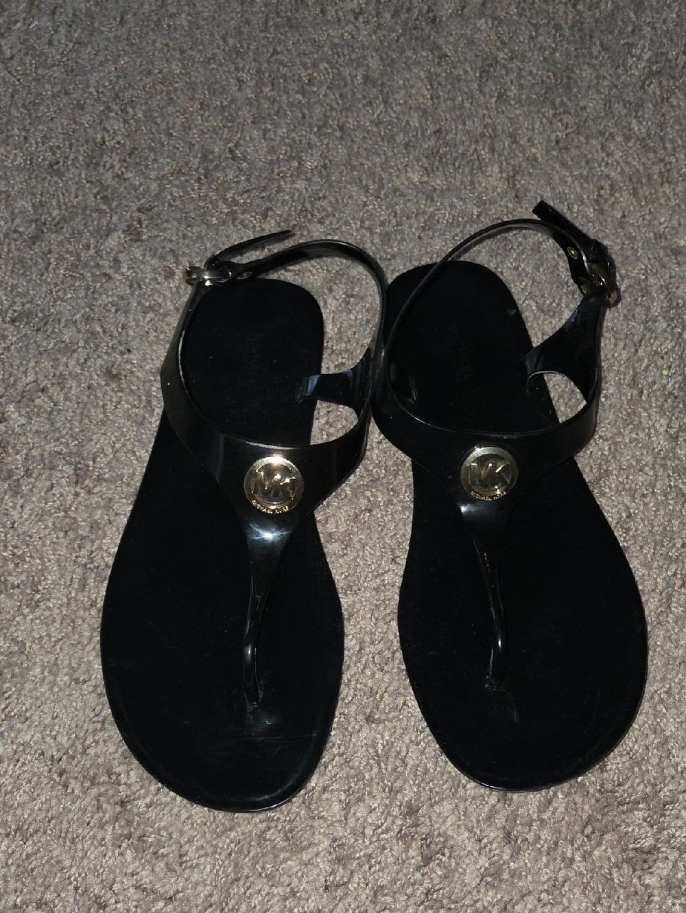 MK Women's T-Strap Jelly Sandals with Gold Logo Accent
